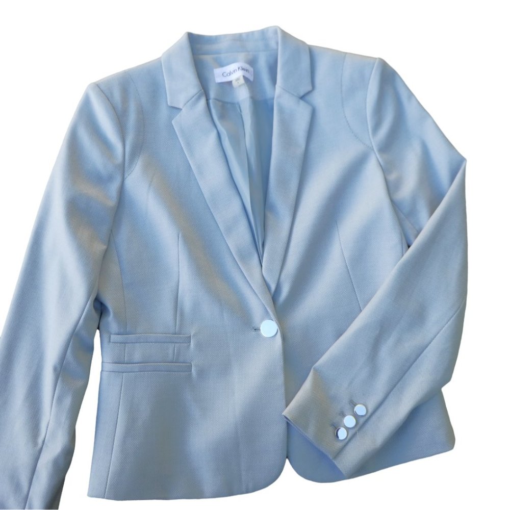 NEW Calvin Klein Light Blue Blazer Silver Single Button Princess Cut Semi Fit 6
